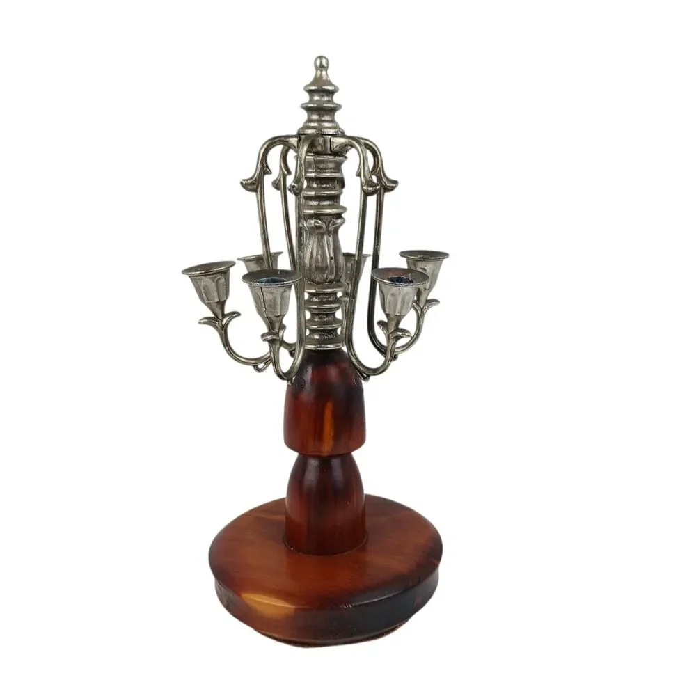 Vtg 6 Arm Wood and Silver Plated Table Candelabra Danish Modern MCM